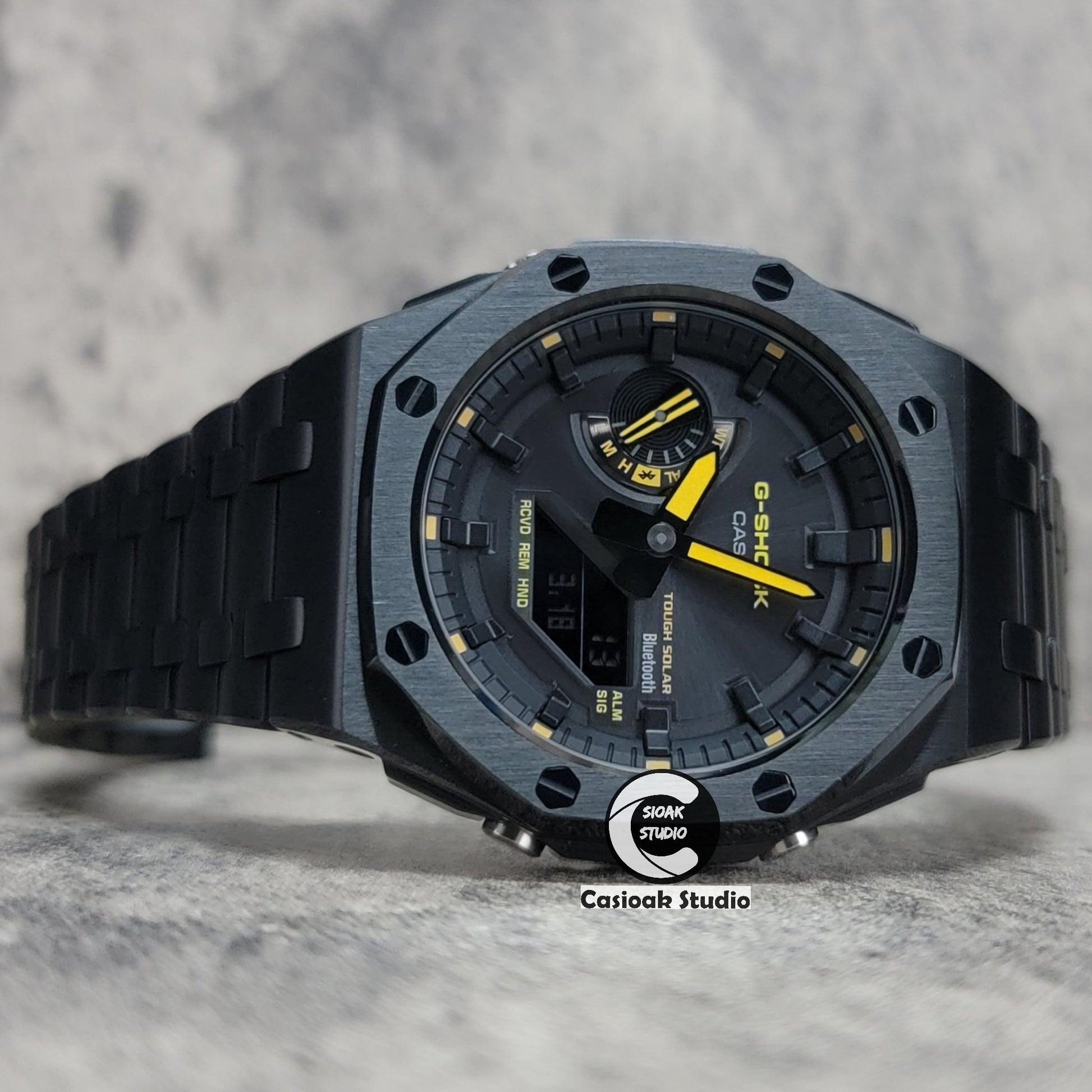 Casioak Mod Watch Solar Bluetooth Offshore Superior Black Case Metal Strap Black Time Mark Black Dial Yellow Hands 44mm - Casioak Studio