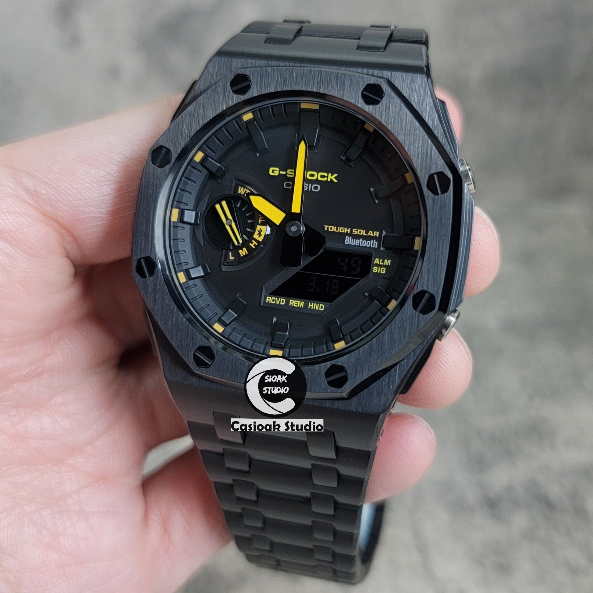 Casioak Mod Watch Solar Bluetooth Offshore Superior Black Case Metal Strap Black Time Mark Black Dial Yellow Hands 44mm - Casioak Studio