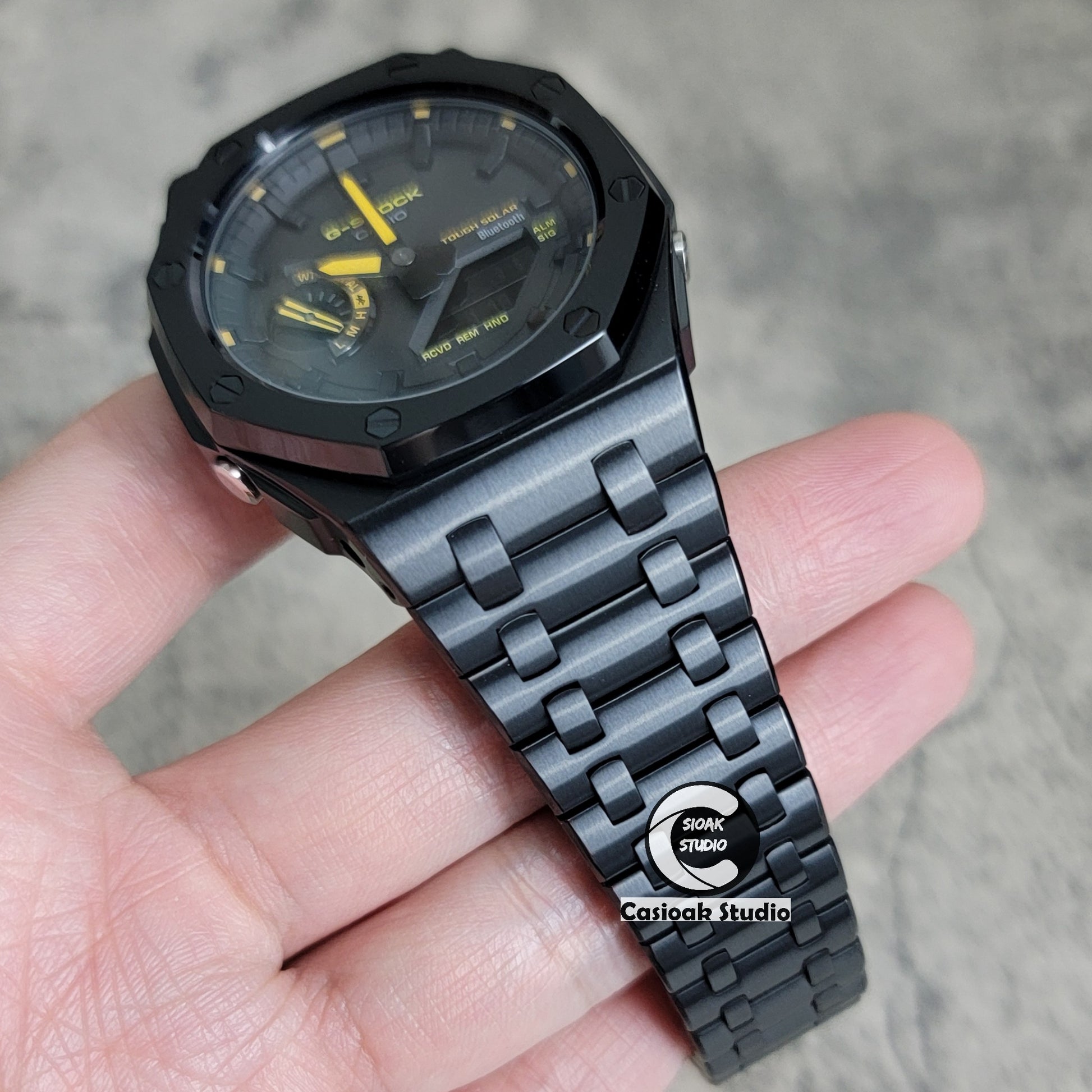 Casioak Mod Watch Solar Bluetooth Offshore Superior Black Case Metal Strap Black Time Mark Black Dial Yellow Hands 44mm - Casioak Studio