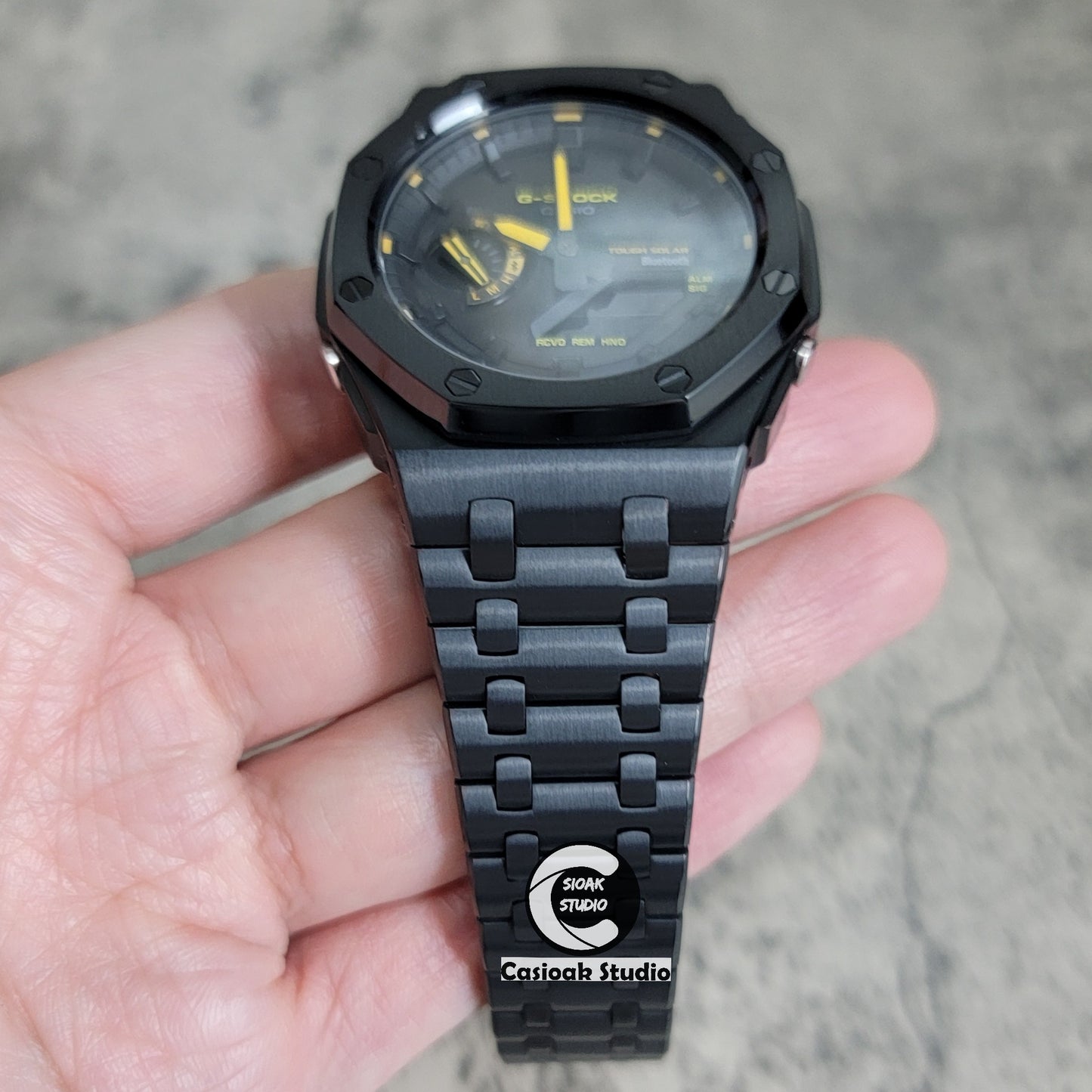 Casioak Mod Watch Solar Bluetooth Offshore Superior Black Case Metal Strap Black Time Mark Black Dial Yellow Hands 44mm - Casioak Studio