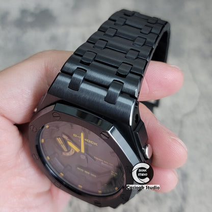 Casioak Mod Watch Solar Bluetooth Offshore Superior Black Case Metal Strap Black Time Mark Black Dial Yellow Hands 44mm - Casioak Studio