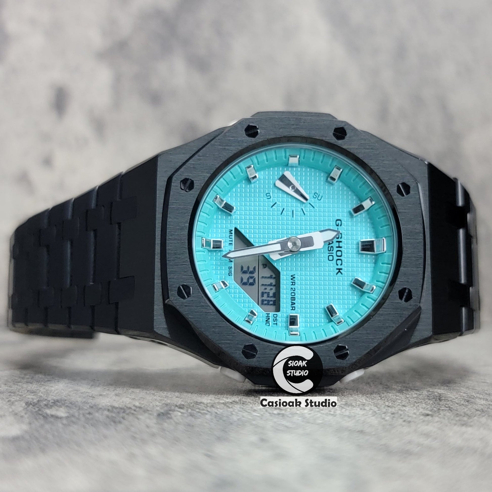 Casioak Mod Watch Black Case Metal Strap Tiffany Silver Time Mark Tiffany Blue Dial 42mm - Casioak Studio