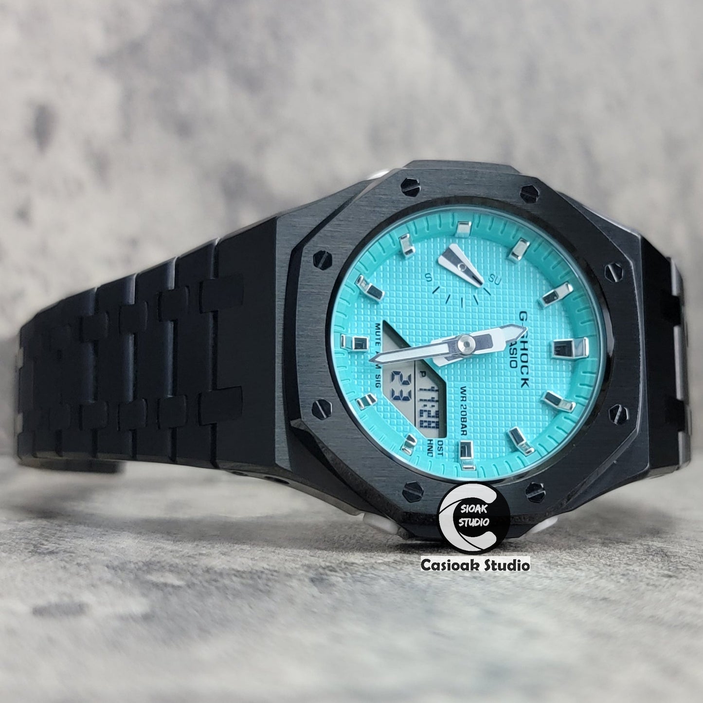 Casioak Mod Watch Black Case Metal Strap Tiffany Silver Time Mark Tiffany Blue Dial 42mm - Casioak Studio