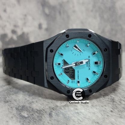 Casioak Mod Watch Black Case Metal Strap Tiffany Silver Time Mark Tiffany Blue Dial 42mm - Casioak Studio