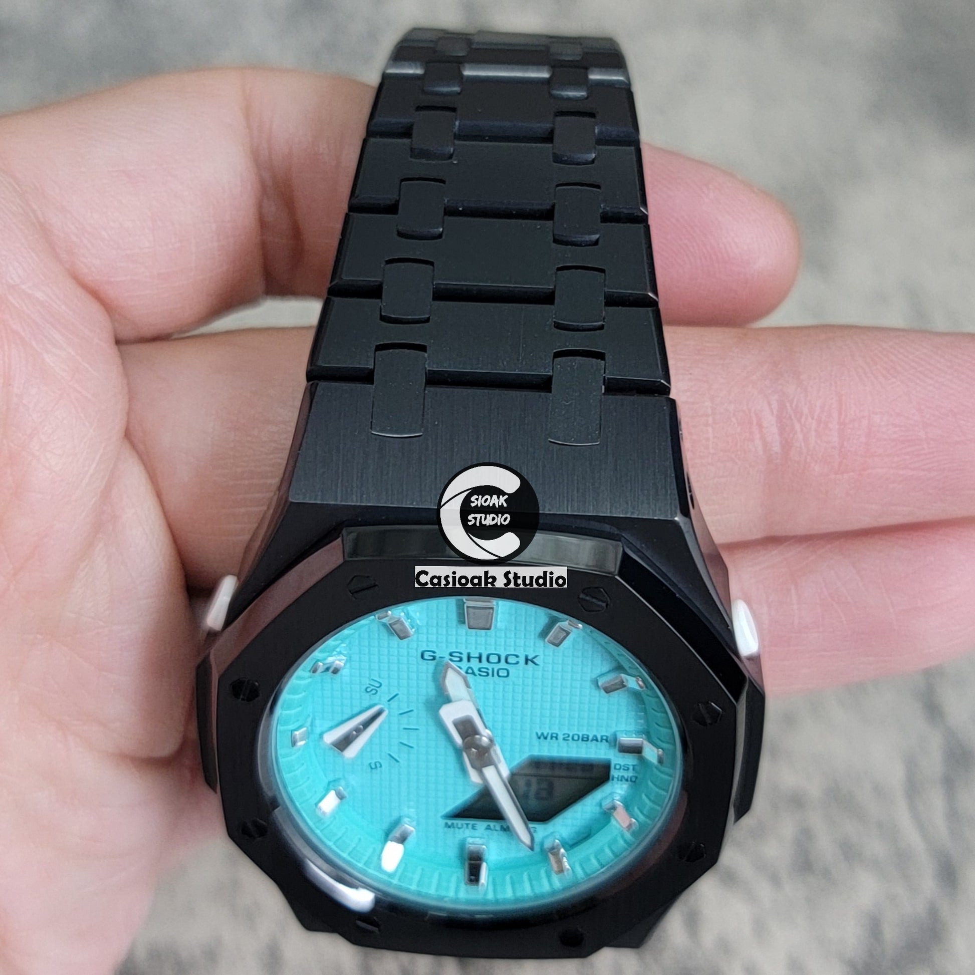 Casioak Mod Watch Black Case Metal Strap Tiffany Silver Time Mark Tiffany Blue Dial 42mm - Casioak Studio
