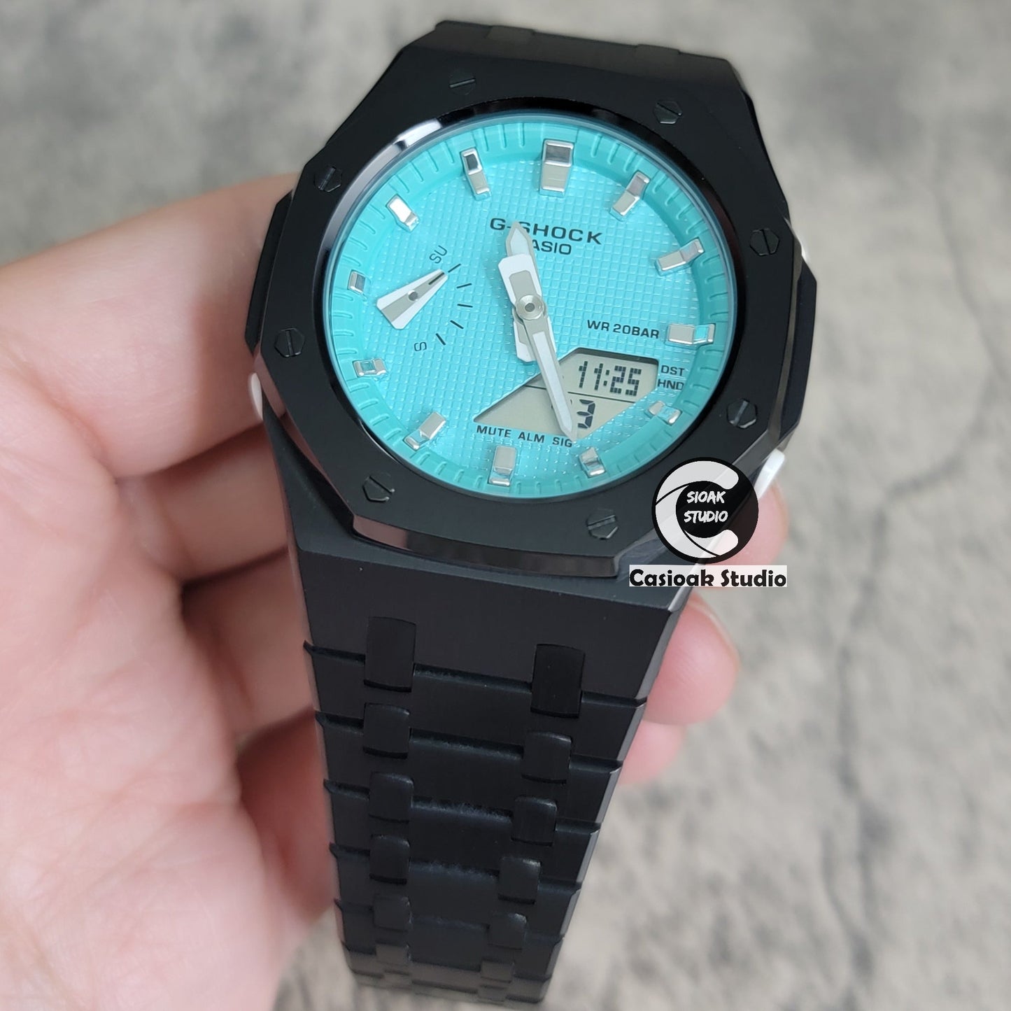 Casioak Mod Watch Black Case Metal Strap Tiffany Silver Time Mark Tiffany Blue Dial 42mm - Casioak Studio