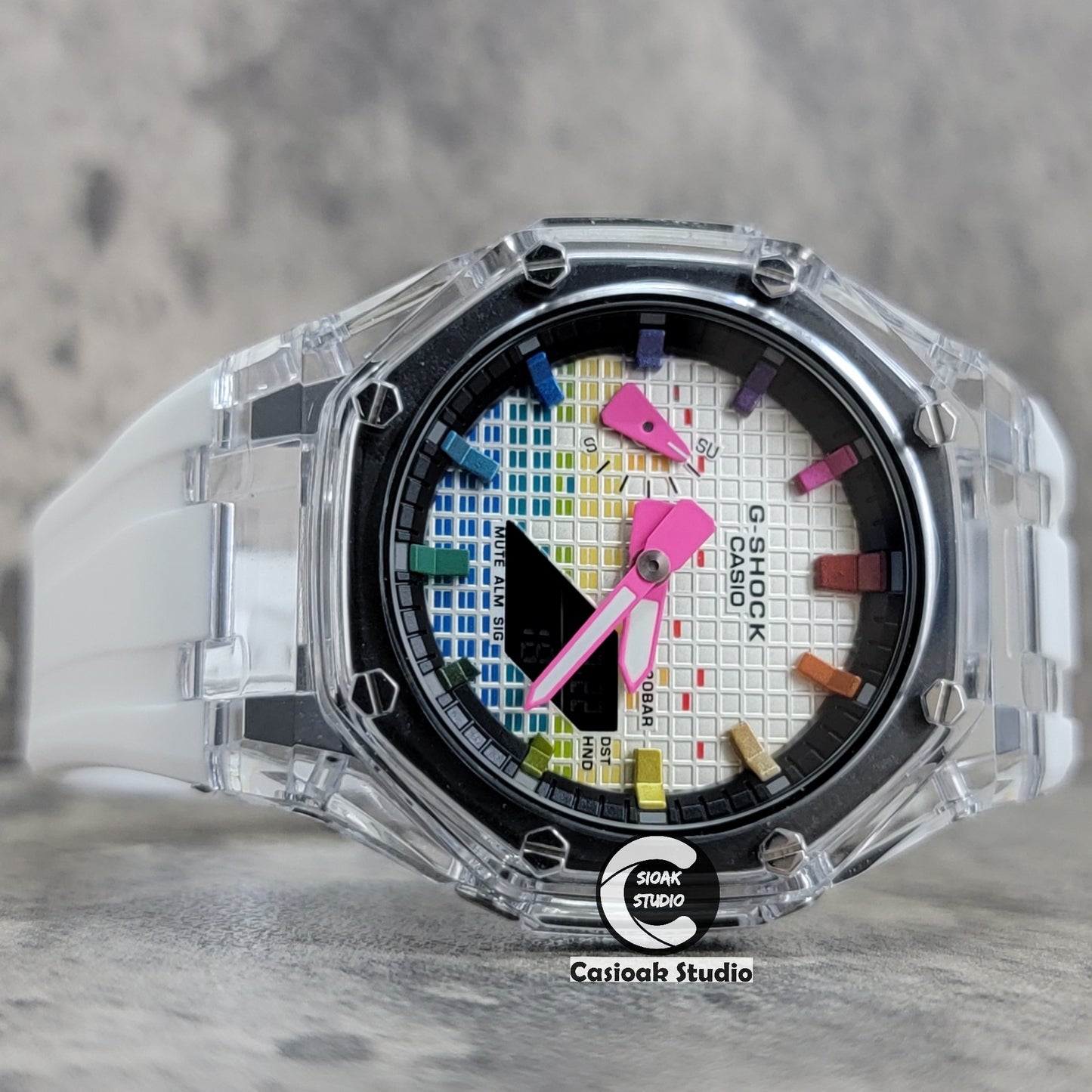 Casioak Mod Transparent Case White Strap Black Rainbow Time Mark Music Dial 44mm - Casioak Studio