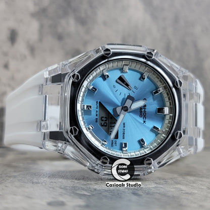 Casioak Mod Transparent Case White Strap Silver Time Mark Ice Blue Dial 44mm - Casioak Studio