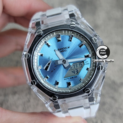 Casioak Mod Transparent Case White Strap Silver Time Mark Ice Blue Dial 44mm - Casioak Studio