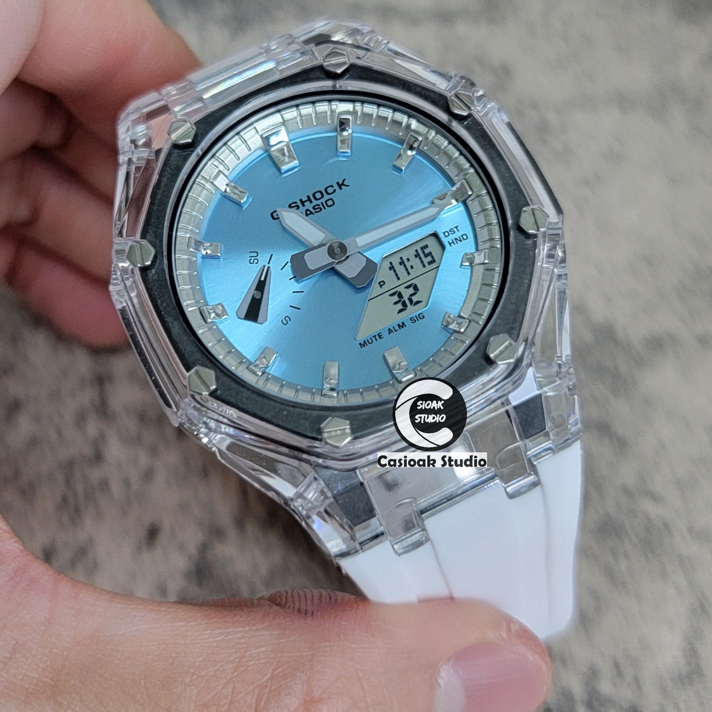 Casioak Mod Transparent Case White Strap Silver Time Mark Ice Blue Dial 44mm - Casioak Studio