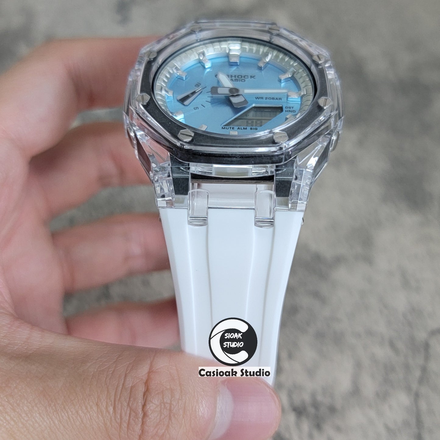 Casioak Mod Transparent Case White Strap Silver Time Mark Ice Blue Dial 44mm - Casioak Studio