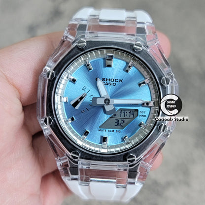 Casioak Mod Transparent Case White Strap Silver Time Mark Ice Blue Dial 44mm - Casioak Studio