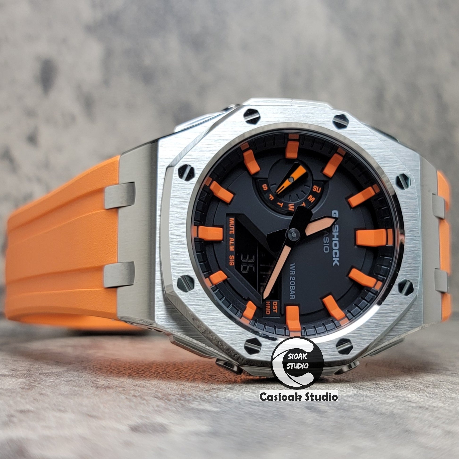 Casioak Mod Watch Offshore Superior Silver Case Orange Rubber Strap Black Orange Time Mark Black Dial 44mm - Casioak Studio