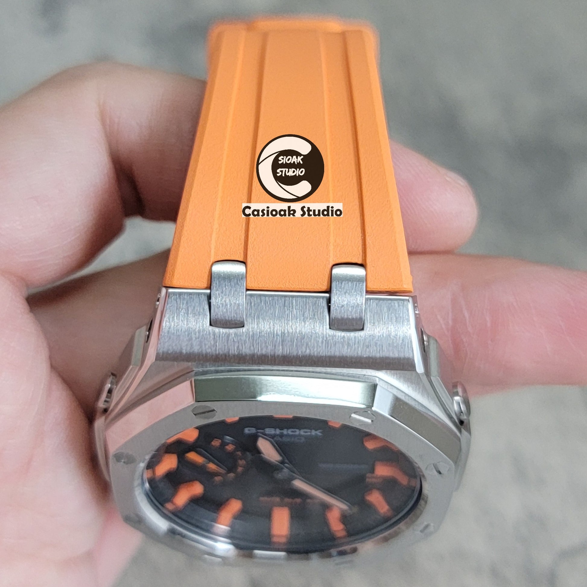 Casioak Mod Watch Offshore Superior Silver Case Orange Rubber Strap Black Orange Time Mark Black Dial 44mm - Casioak Studio