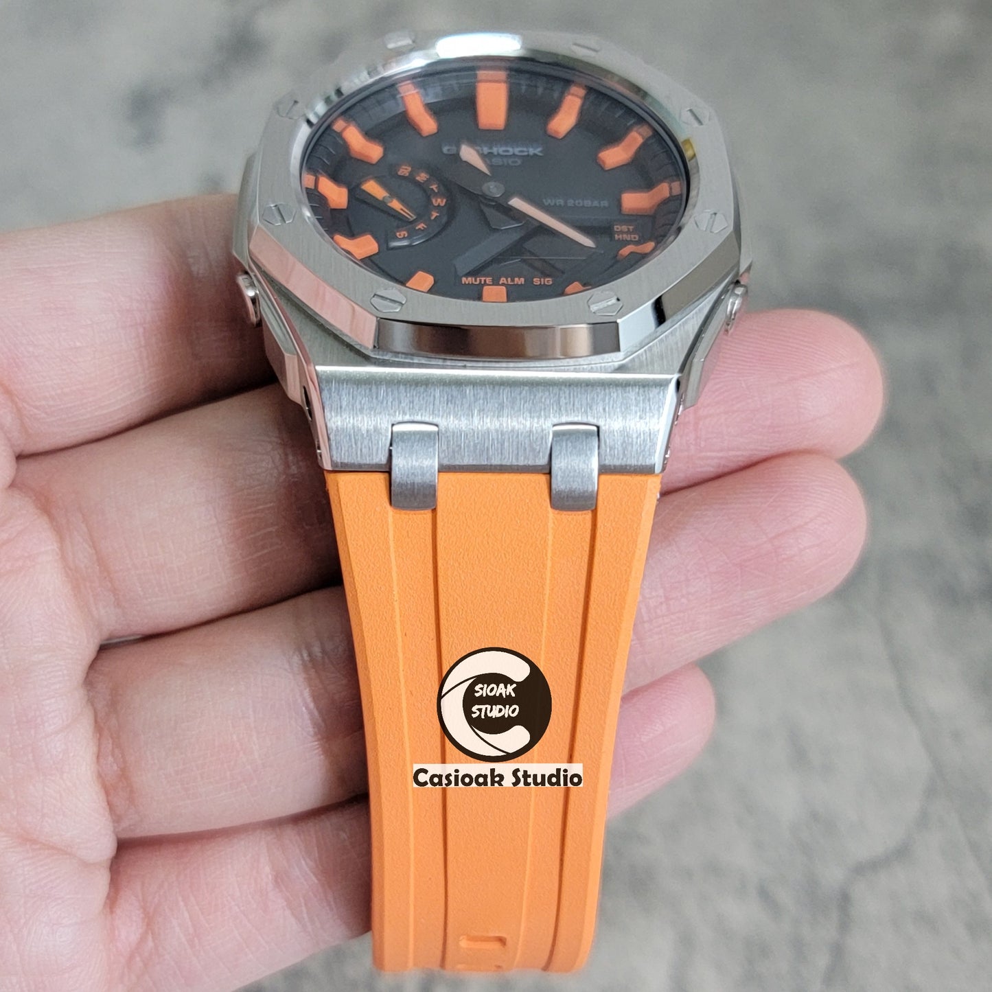 Casioak Mod Watch Offshore Superior Silver Case Orange Rubber Strap Black Orange Time Mark Black Dial 44mm - Casioak Studio