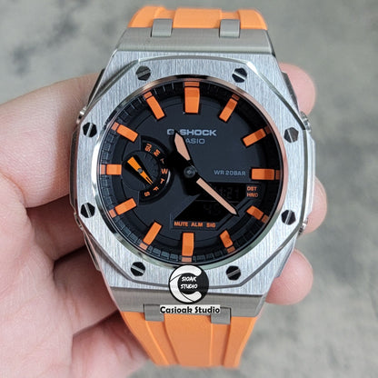 Casioak Mod Watch Offshore Superior Silver Case Orange Rubber Strap Black Orange Time Mark Black Dial 44mm - Casioak Studio