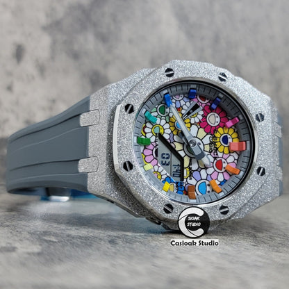 Casioak Mod Watch Frosted Silver Case Gray Strap Gray Rainbow Time Mark Takashi Murakami Dial 44mm - Casioak Studio