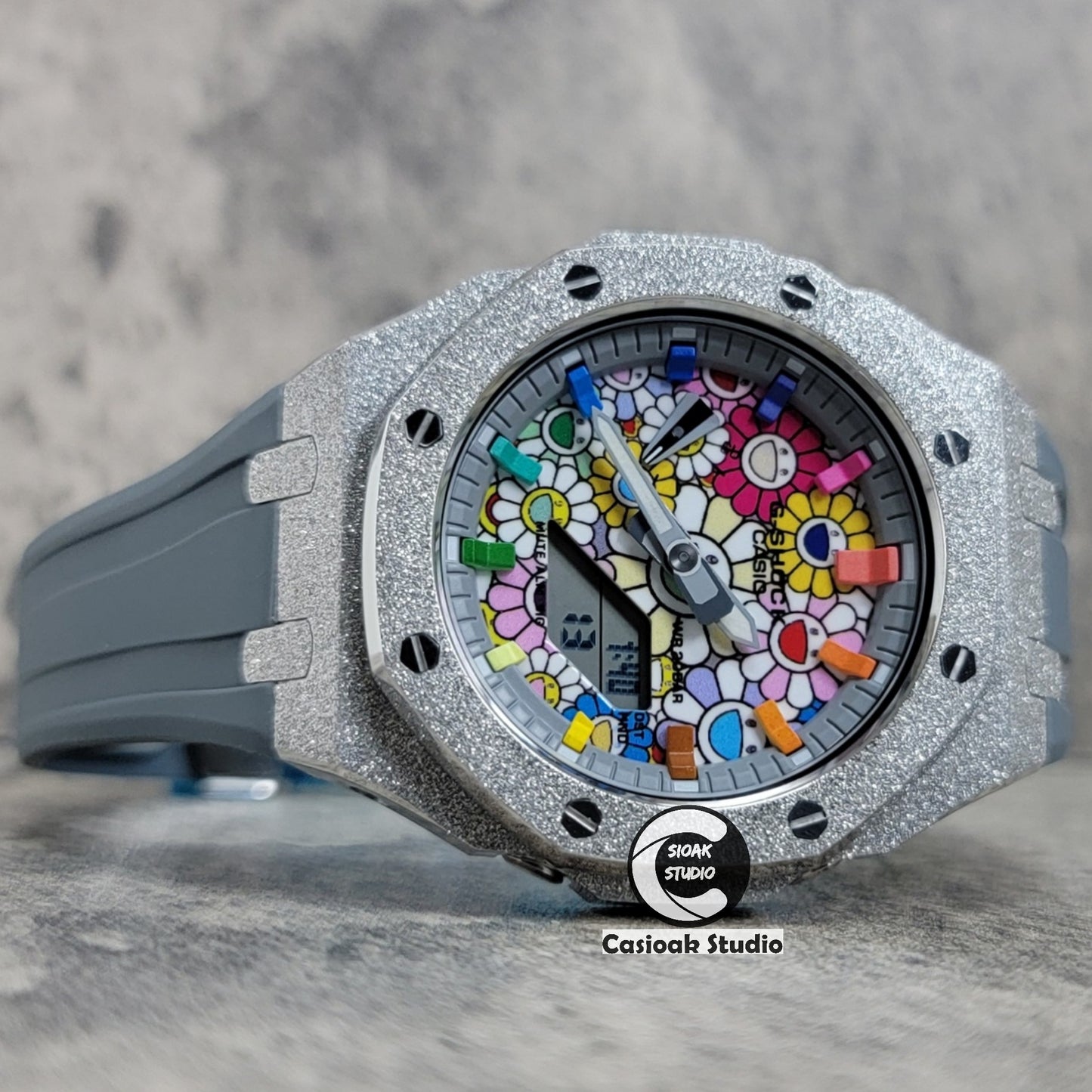 Casioak Mod Watch Frosted Silver Case Gray Strap Gray Rainbow Time Mark Takashi Murakami Dial 44mm - Casioak Studio