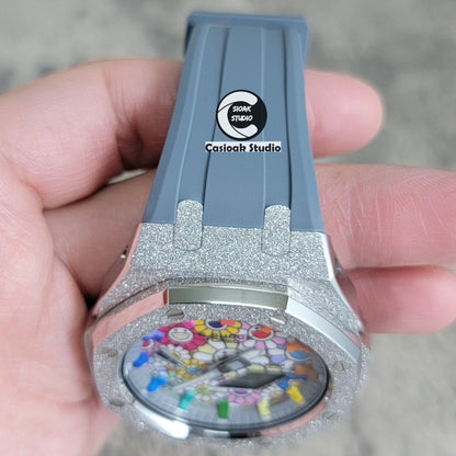 Casioak Mod Watch Frosted Silver Case Gray Strap Gray Rainbow Time Mark Takashi Murakami Dial 44mm - Casioak Studio