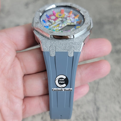 Casioak Mod Watch Frosted Silver Case Gray Strap Gray Rainbow Time Mark Takashi Murakami Dial 44mm - Casioak Studio