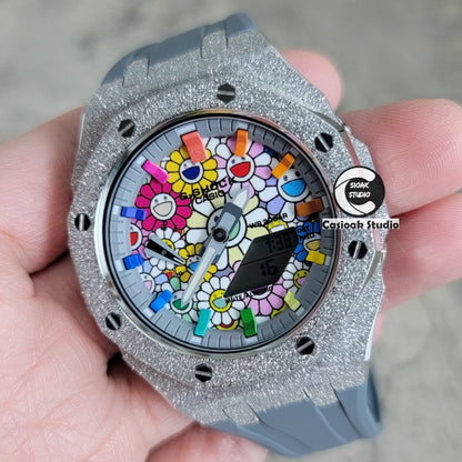 Casioak Mod Watch Frosted Silver Case Gray Strap Gray Rainbow Time Mark Takashi Murakami Dial 44mm - Casioak Studio