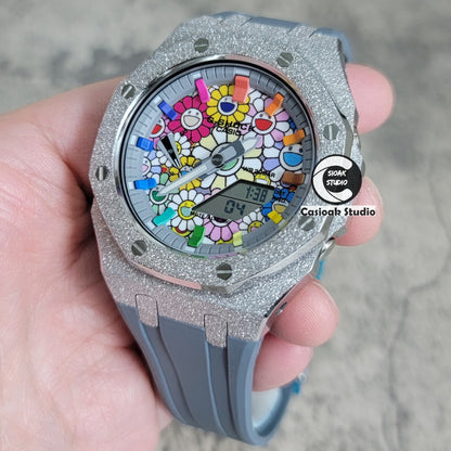 Casioak Mod Watch Frosted Silver Case Gray Strap Gray Rainbow Time Mark Takashi Murakami Dial 44mm - Casioak Studio