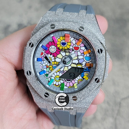 Casioak Mod Watch Frosted Silver Case Gray Strap Gray Rainbow Time Mark Takashi Murakami Dial 44mm - Casioak Studio