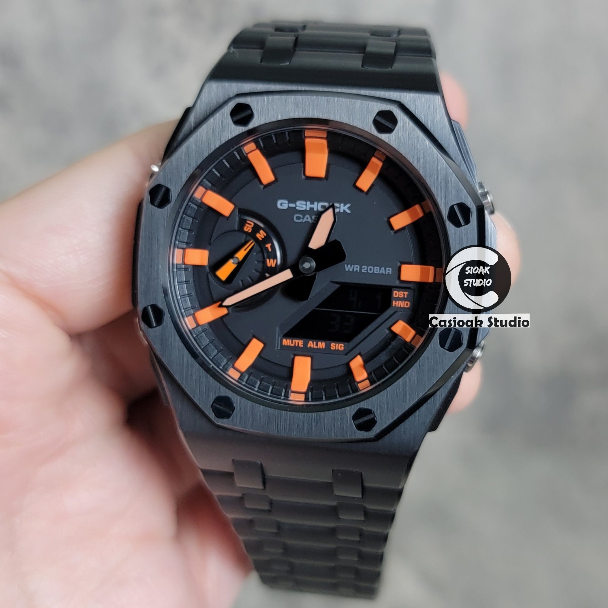 Casioak Mod Watch Offshore Superior Black Case Metal Strap Black Orange Time Mark Black Dial 44mm - Casioak Studio