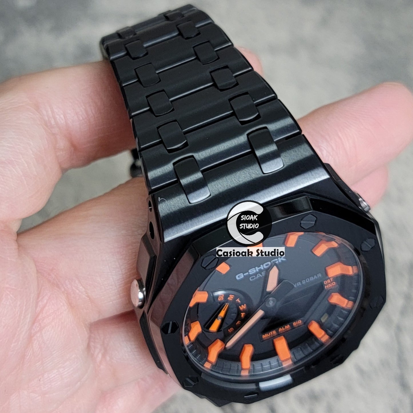 Casioak Mod Watch Offshore Superior Black Case Metal Strap Black Orange Time Mark Black Dial 44mm - Casioak Studio