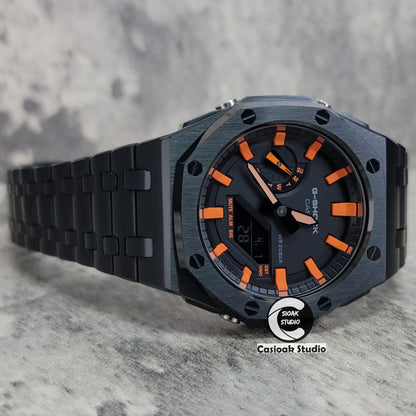 Casioak Mod Watch Offshore Superior Black Case Metal Strap Black Orange Time Mark Black Dial 44mm - Casioak Studio