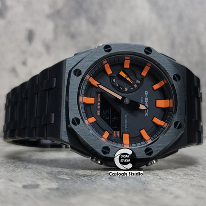 Casioak Mod Watch Offshore Superior Black Case Metal Strap Black Orange Time Mark Black Dial 44mm - Casioak Studio