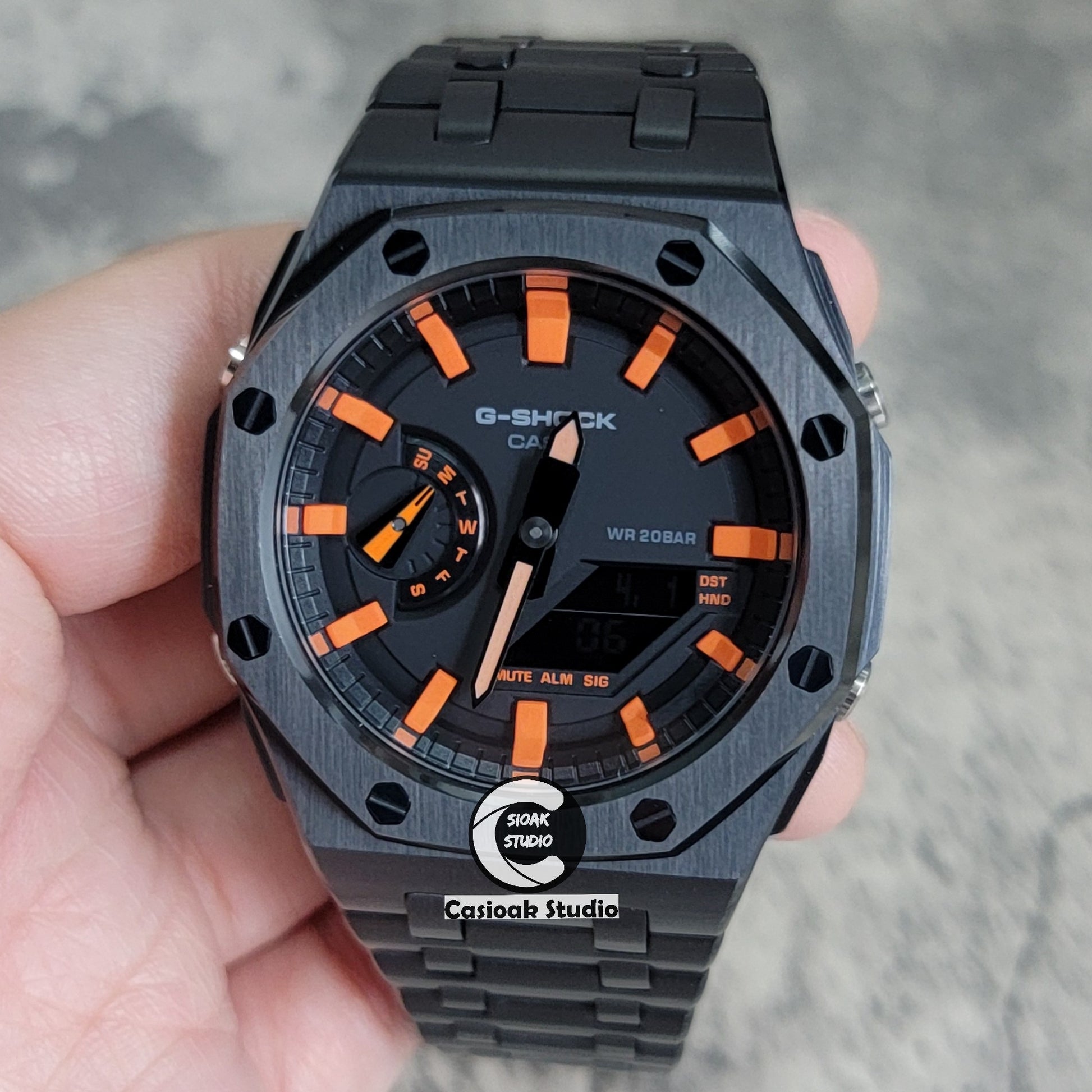 Casioak Mod Watch Offshore Superior Black Case Metal Strap Black Orange Time Mark Black Dial 44mm - Casioak Studio