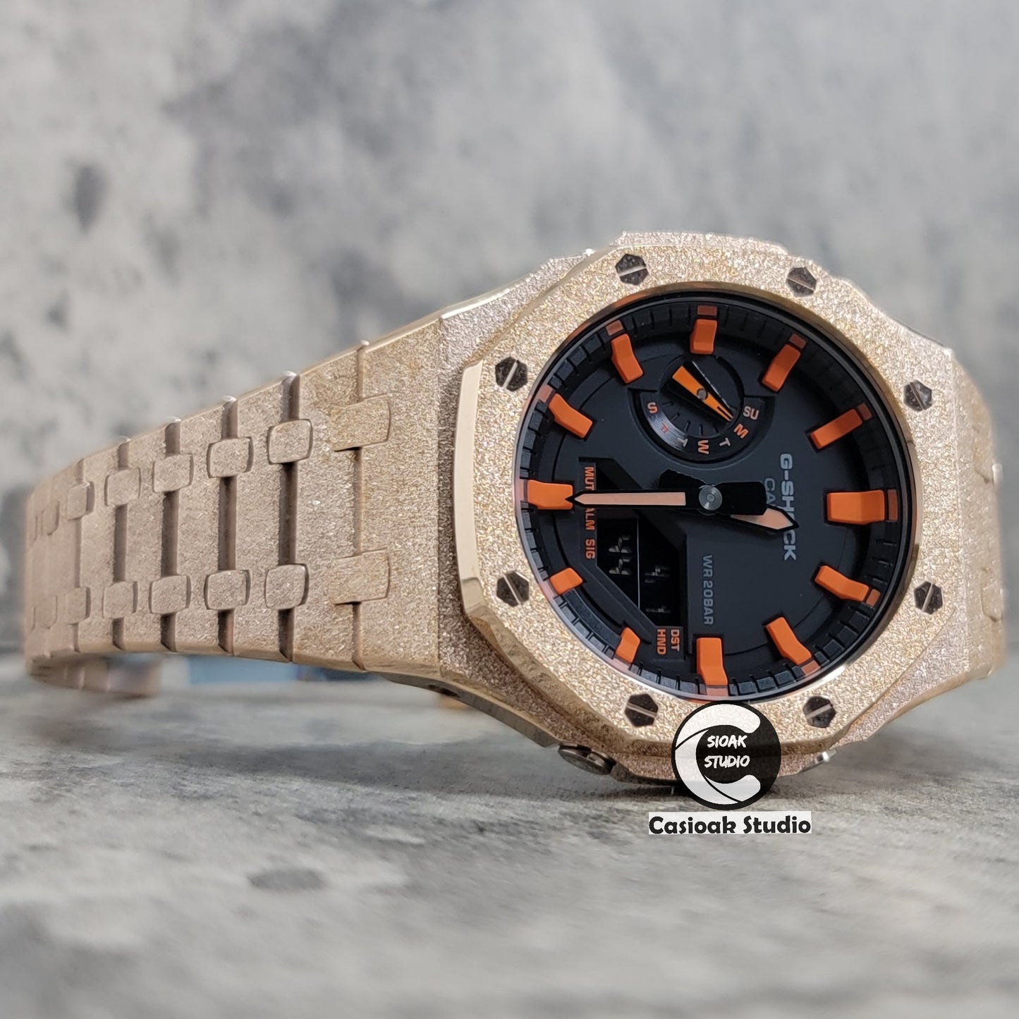 Casioak Mod Watch Frosted Rose Gold Case Metal Strap Black Orange Time Mark Black Dial 44mm - Casioak Studio