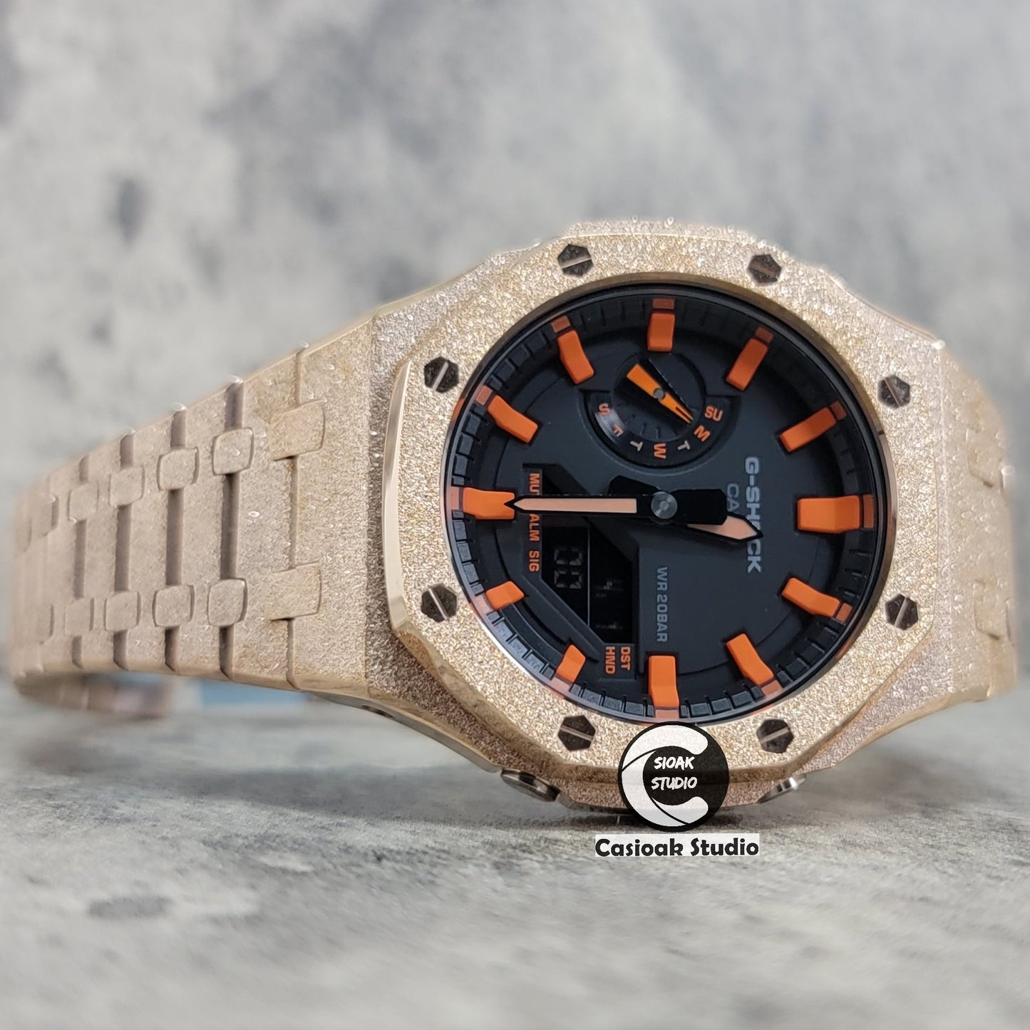 Casioak Mod Watch Frosted Rose Gold Case Metal Strap Black Orange Time Mark Black Dial 44mm - Casioak Studio