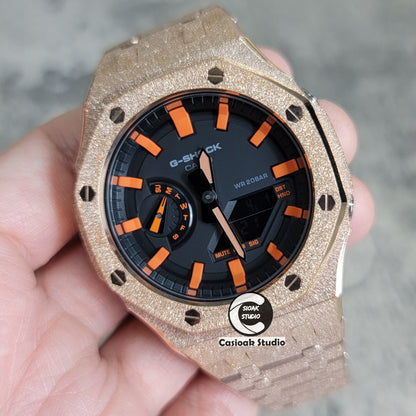 Casioak Mod Watch Frosted Rose Gold Case Metal Strap Black Orange Time Mark Black Dial 44mm - Casioak Studio