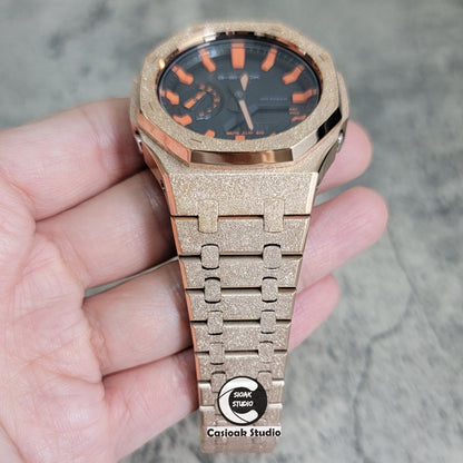 Casioak Mod Watch Frosted Rose Gold Case Metal Strap Black Orange Time Mark Black Dial 44mm - Casioak Studio