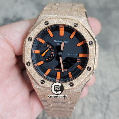 Casioak Mod Watch Frosted Rose Gold Case Metal Strap Black Orange Time Mark Black Dial 44mm - Casioak Studio