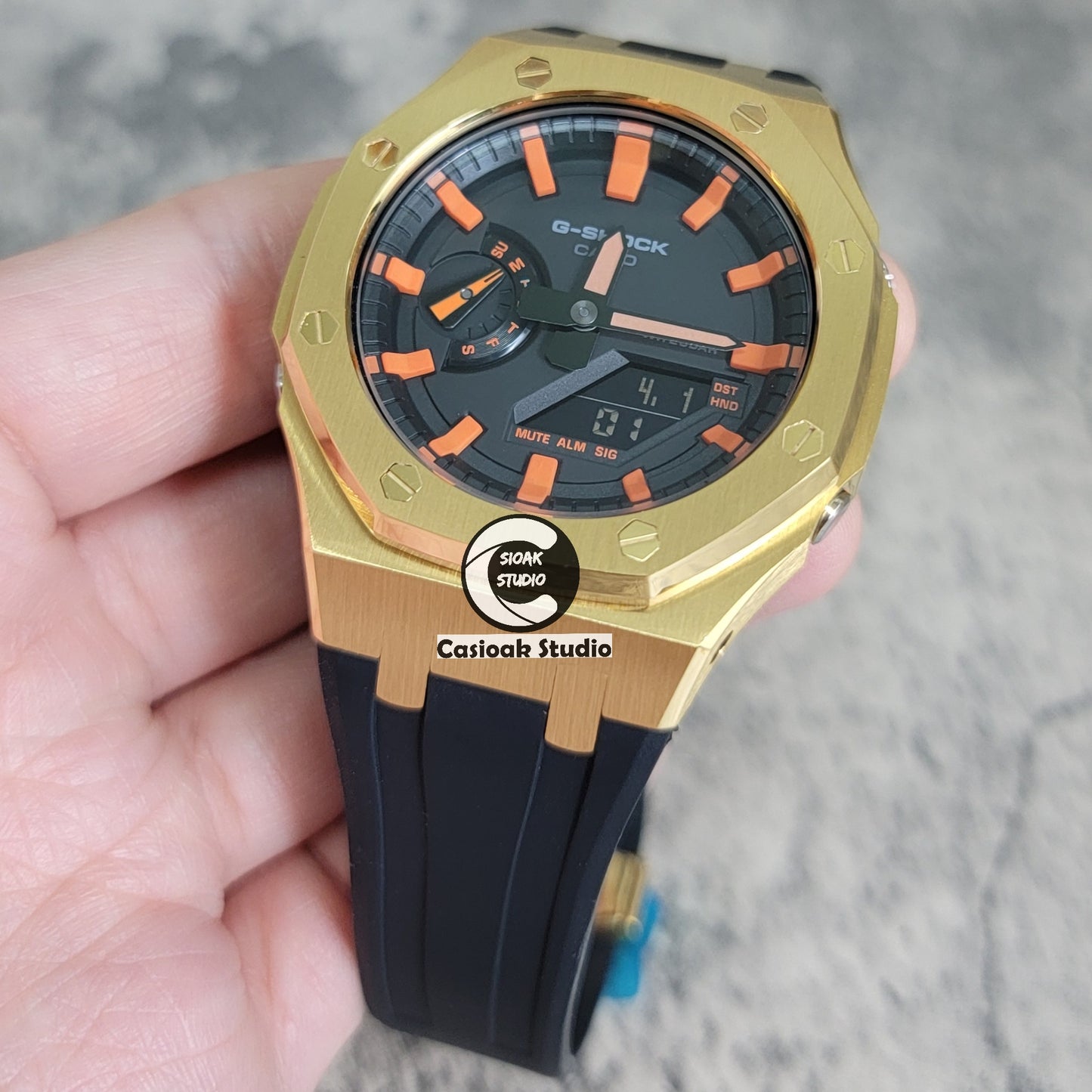 Casioak Mod Watch Gold Case Blackl Rubber Strap Black Orange Time Mark Black Dial 44mm - Casioak Studio