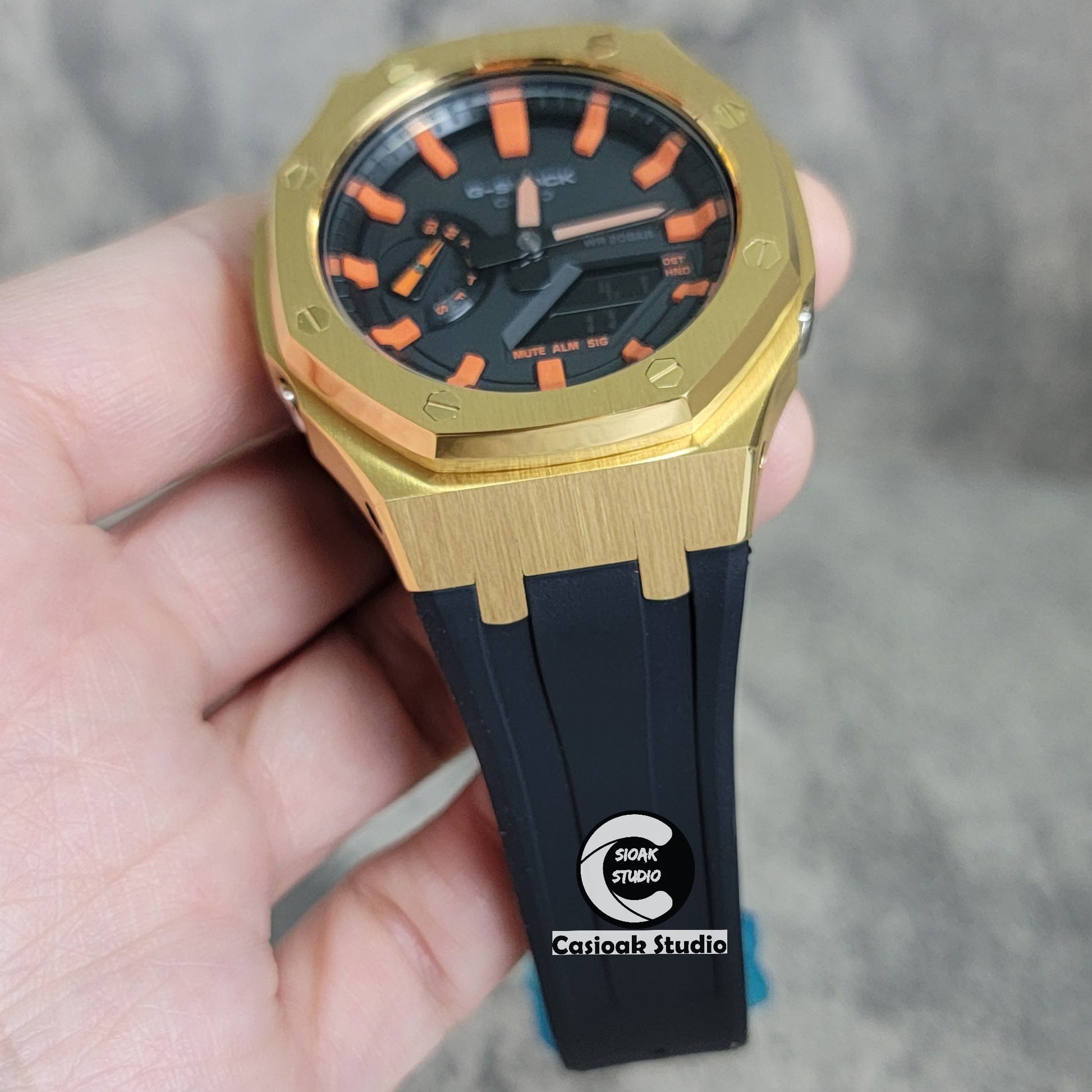 Casioak Mod Watch Gold Case Blackl Rubber Strap Black Orange Time Mark Black Dial 44mm - Casioak Studio