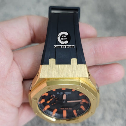 Casioak Mod Watch Gold Case Blackl Rubber Strap Black Orange Time Mark Black Dial 44mm - Casioak Studio