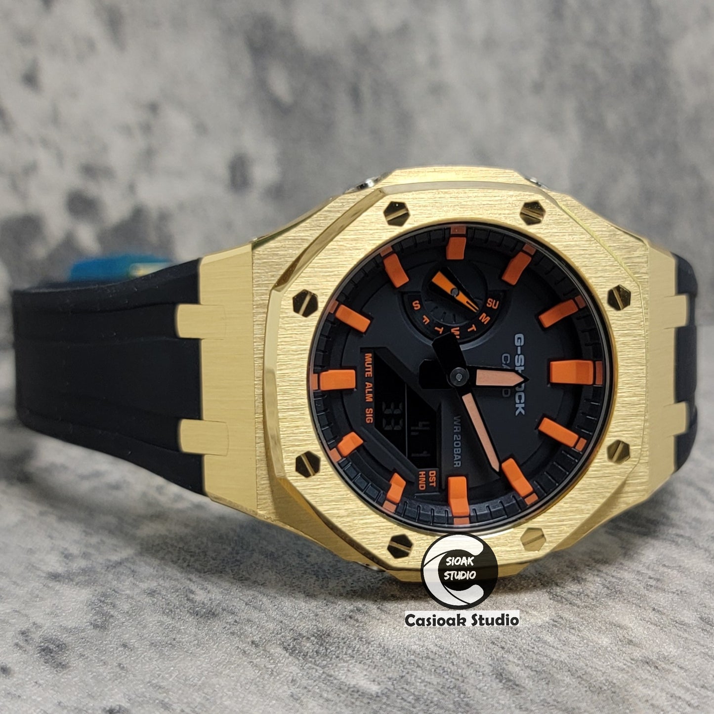 Casioak Mod Watch Gold Case Blackl Rubber Strap Black Orange Time Mark Black Dial 44mm - Casioak Studio