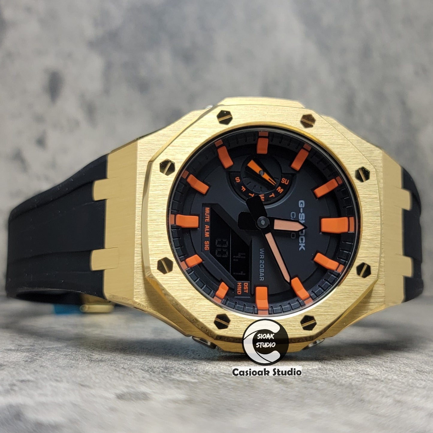 Casioak Mod Watch Gold Case Blackl Rubber Strap Black Orange Time Mark Black Dial 44mm - Casioak Studio