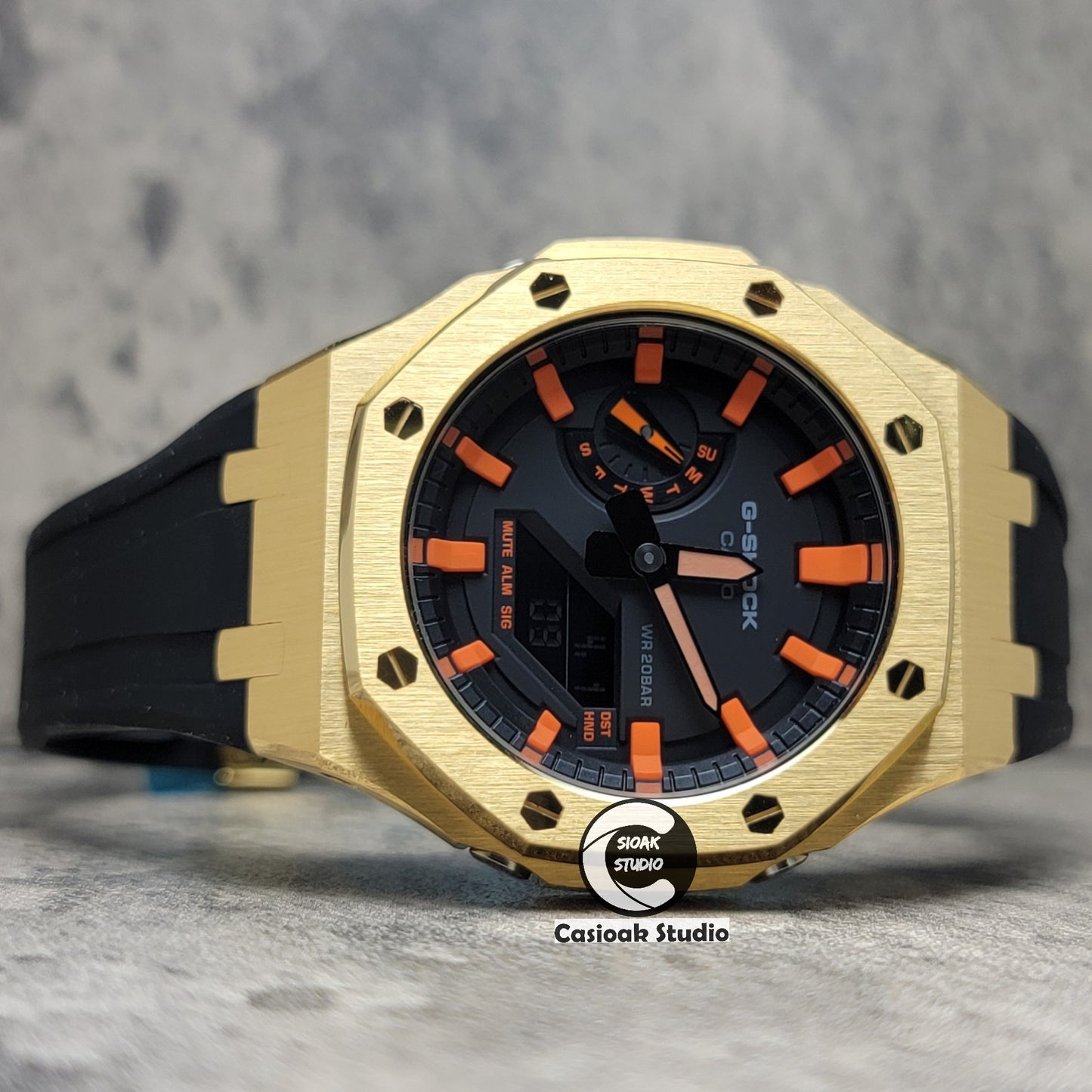 Casioak Mod Watch Gold Case Blackl Rubber Strap Black Orange Time Mark Black Dial 44mm - Casioak Studio