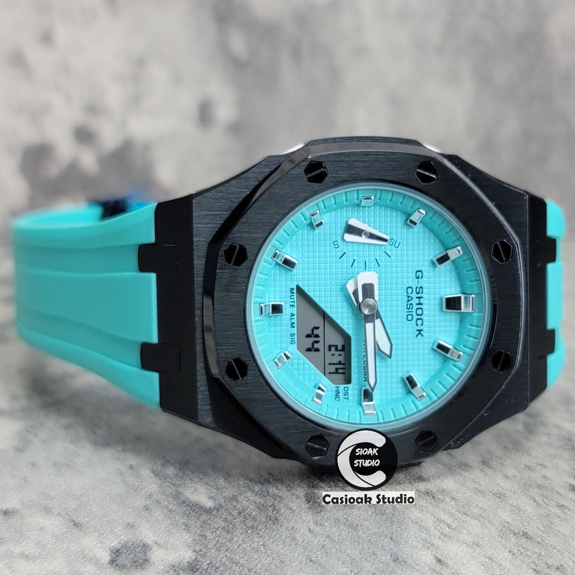 Casioak Mod Watch Silver Case Tiffany Rubber Strap Tiffany Silver Time Mark Tiffany Blue Dial 42mm - Casioak Studio