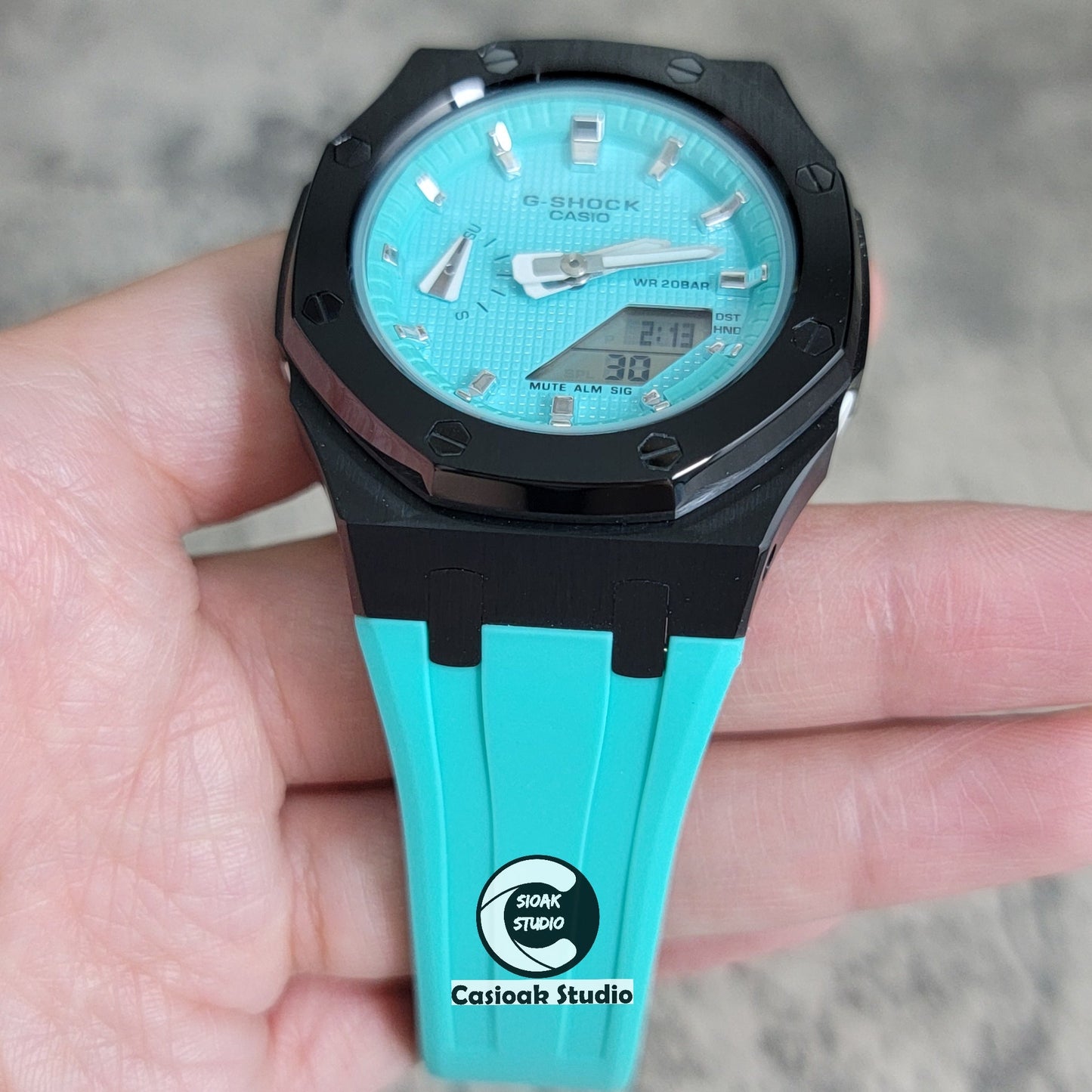 Casioak Mod Watch Silver Case Tiffany Rubber Strap Tiffany Silver Time Mark Tiffany Blue Dial 42mm - Casioak Studio