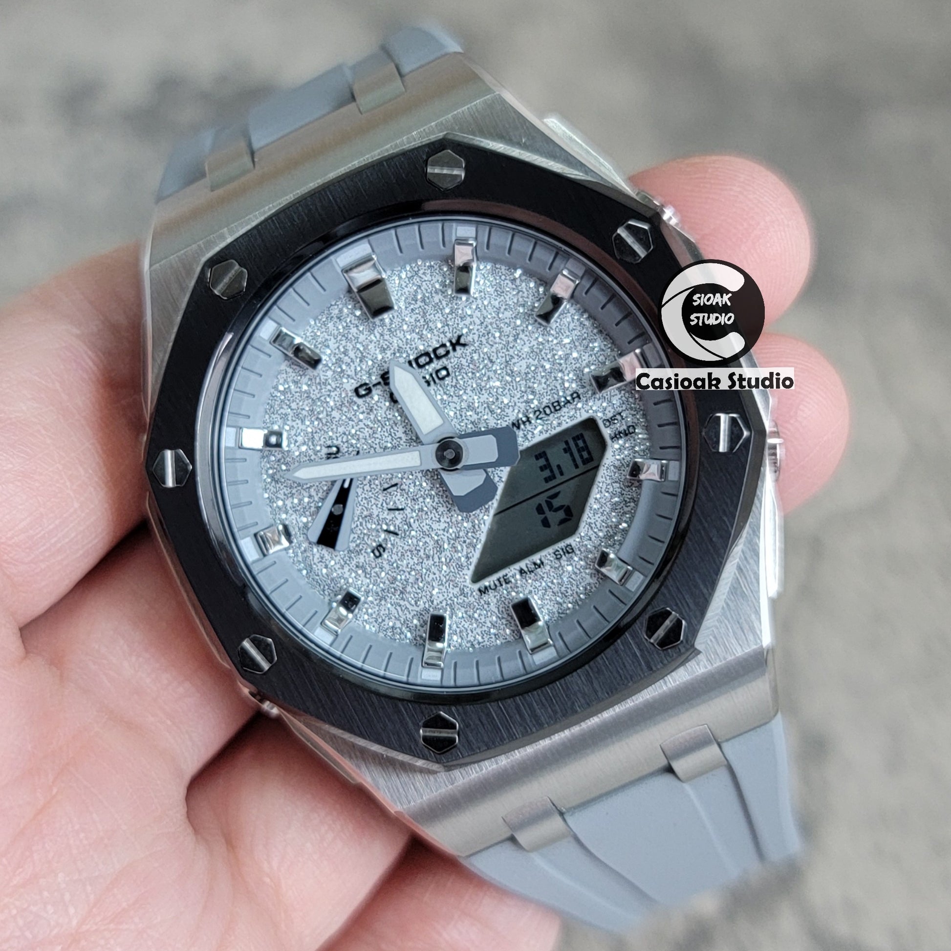 Casioak Mod Offshore Superior Black Silver Case Gray Rubber Strap Gray Time Mark Starry Silver Gray Dial 44mm - Casioak Studio