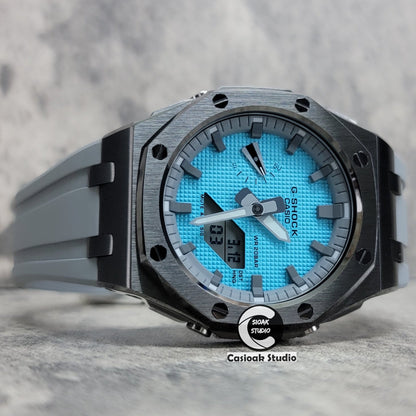 Casioak Mod Watch Offshore Superior Silver Case Blue Rubber Strap Tiffany White Time Mark Tiffany Blue Dial 44mm - Casioak Studio