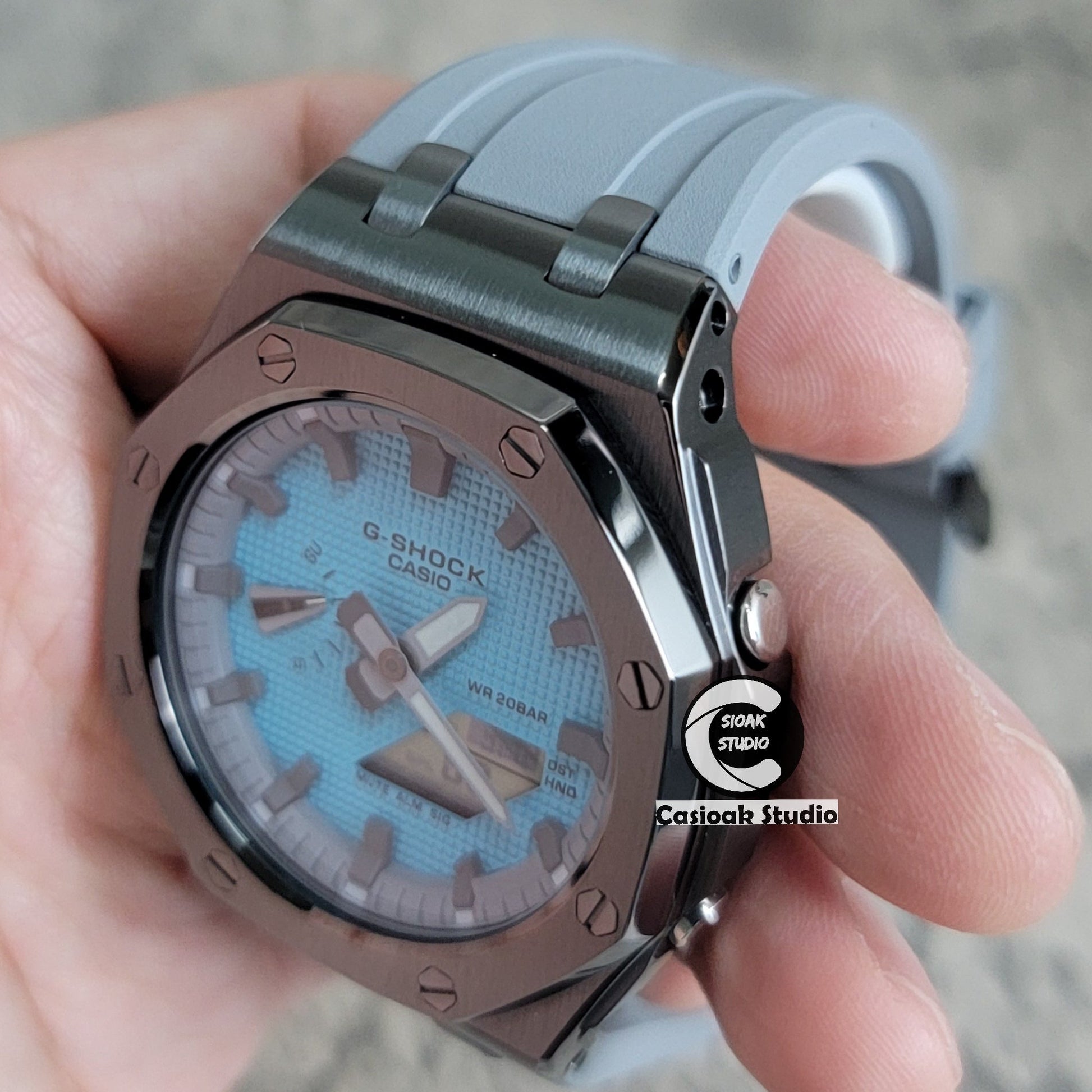 Casioak Mod Watch Offshore Superior Silver Case Blue Rubber Strap Tiffany White Time Mark Tiffany Blue Dial 44mm - Casioak Studio