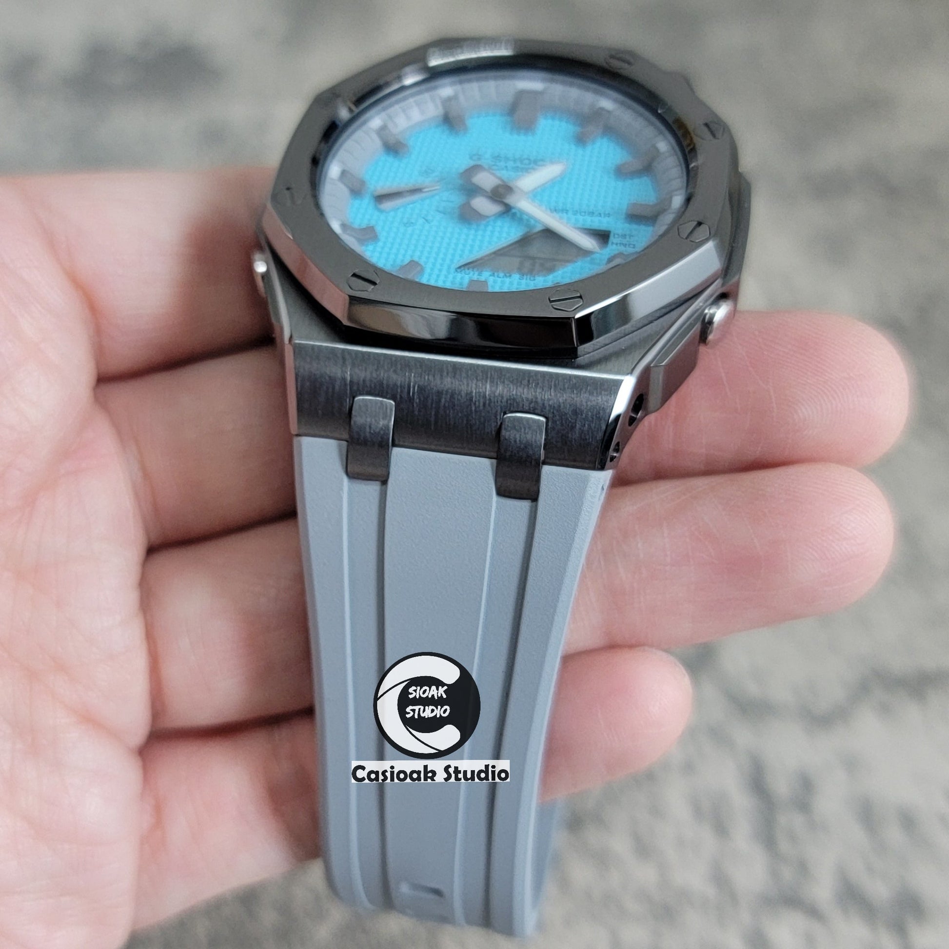 Casioak Mod Watch Offshore Superior Silver Case Blue Rubber Strap Tiffany White Time Mark Tiffany Blue Dial 44mm - Casioak Studio