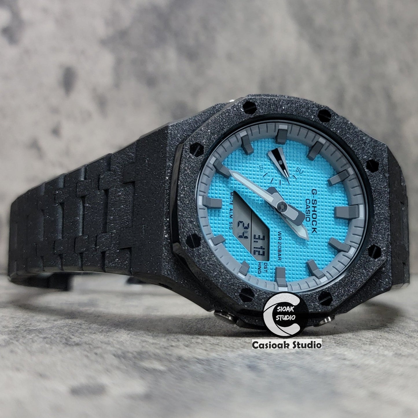 Casioak Mod Watch Frosted Black Case Metal Strap Gray Time Mark Tiffany Blue Dial 44mm - Casioak Studio